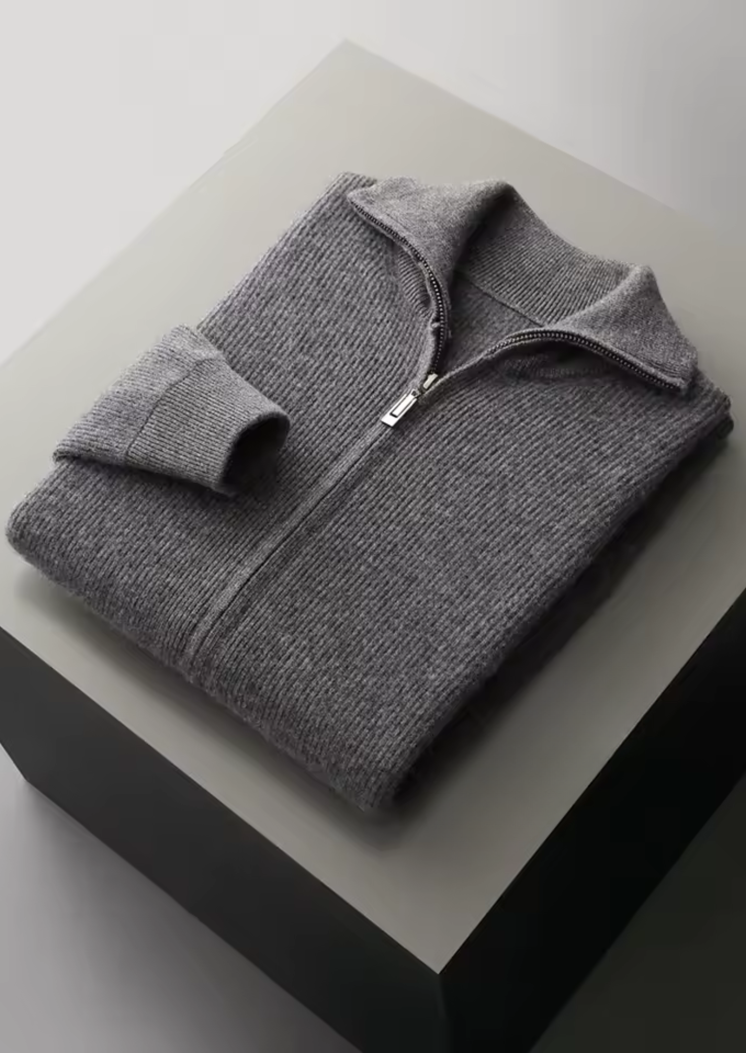 PURE EXTRA-FINE MERINO WOOL RIBBED ZIPPER CARDIGAN