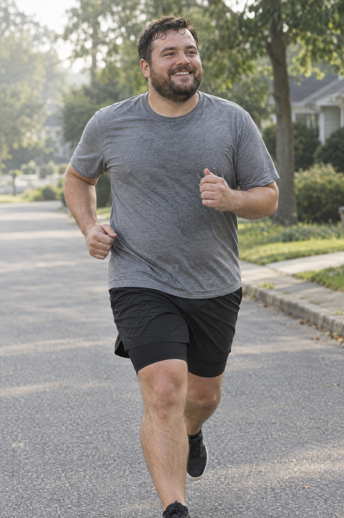 Smiling runner mid-run on a suburban street