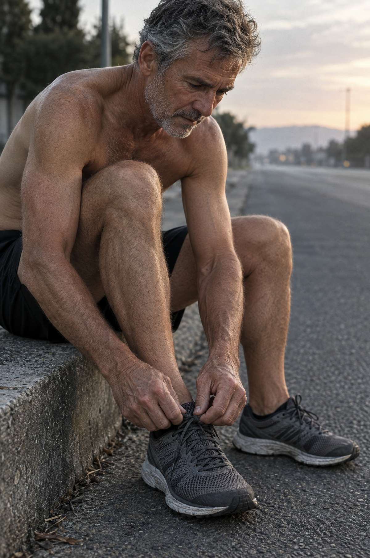 Runner tying his shoes on a curb before an early run