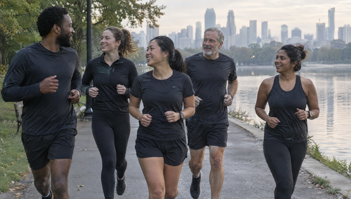 Everyday runners jogging together in a city park