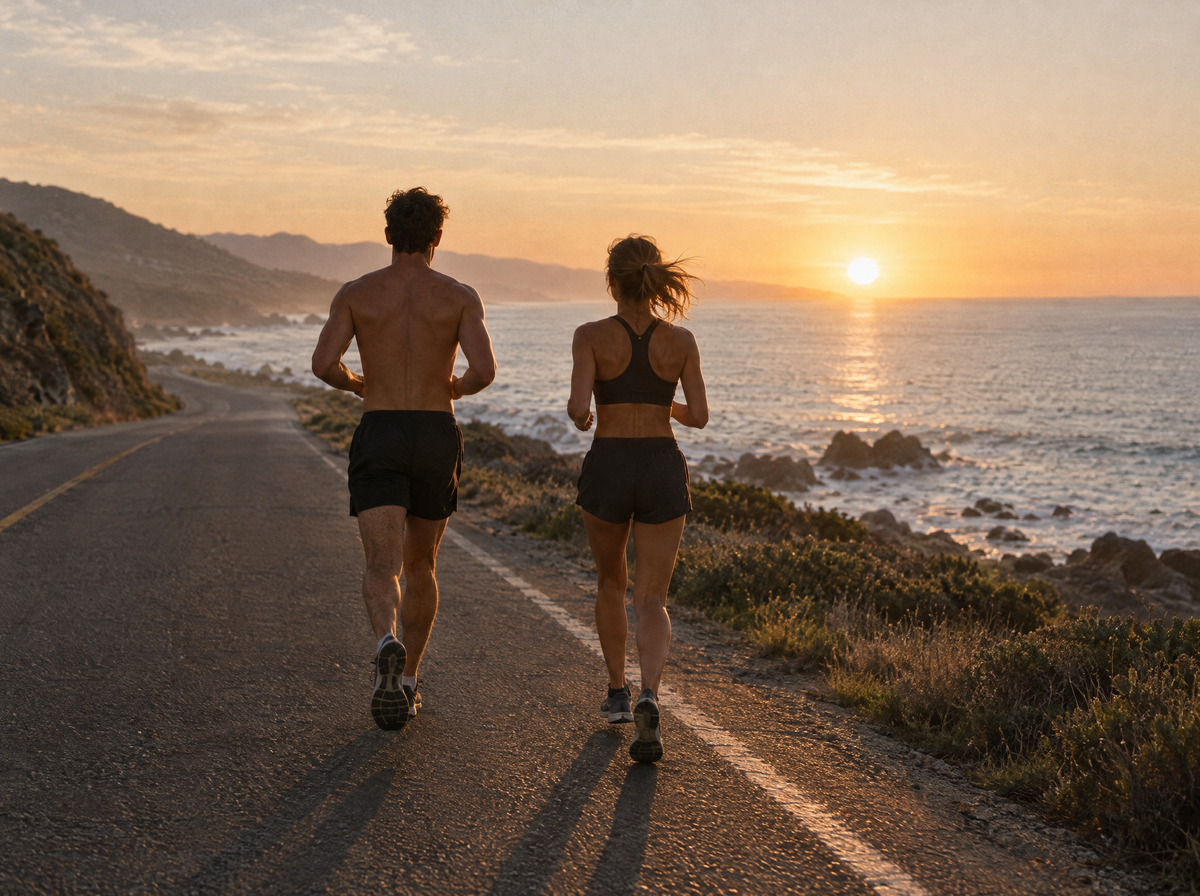 Two runners side by side on a coastal road at sunrise