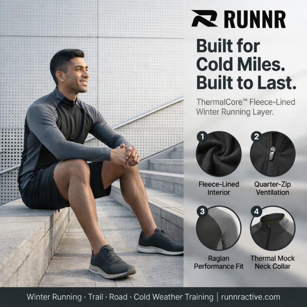 RUNNR ThermalCore™ Long Sleeve — Fleece-Lined · Winter Running Layer · ½-Zip Performance Fit