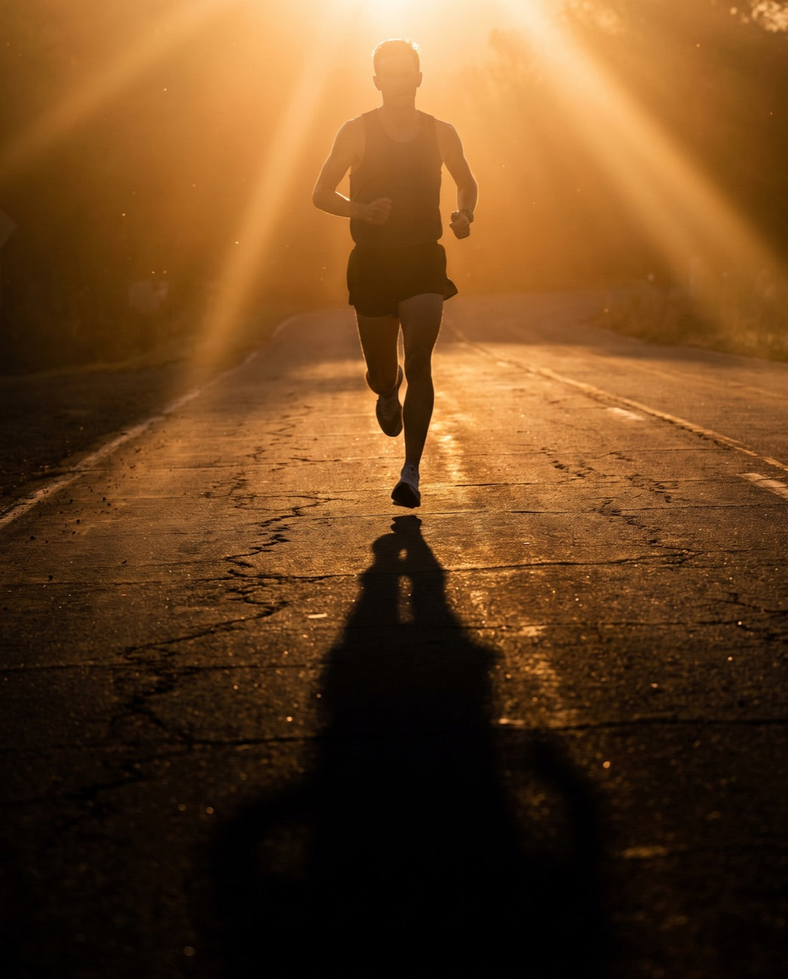 Runner at sunrise on an open road
