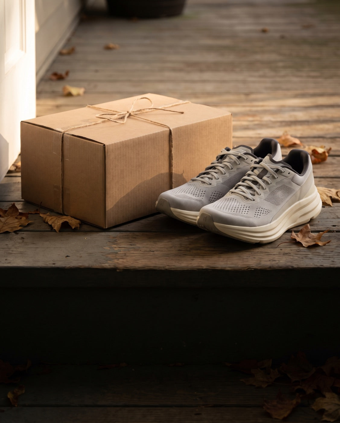 Parcel and running shoes on a doorstep