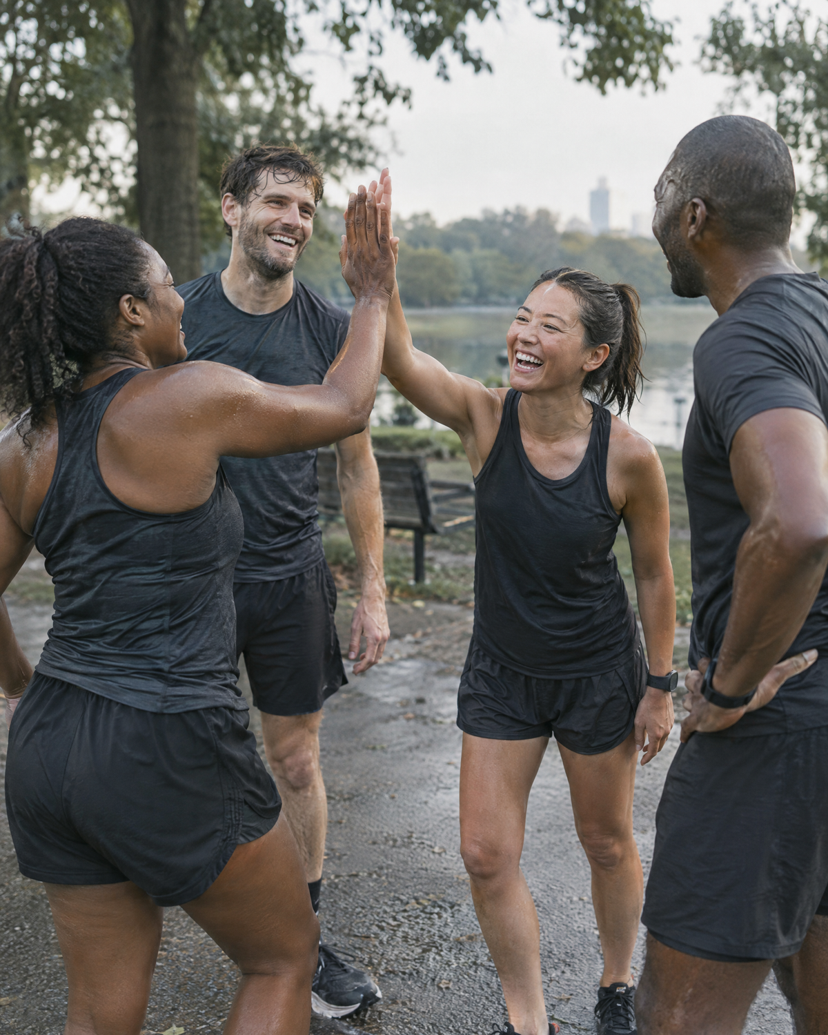 Runners high-fiving after a morning group run