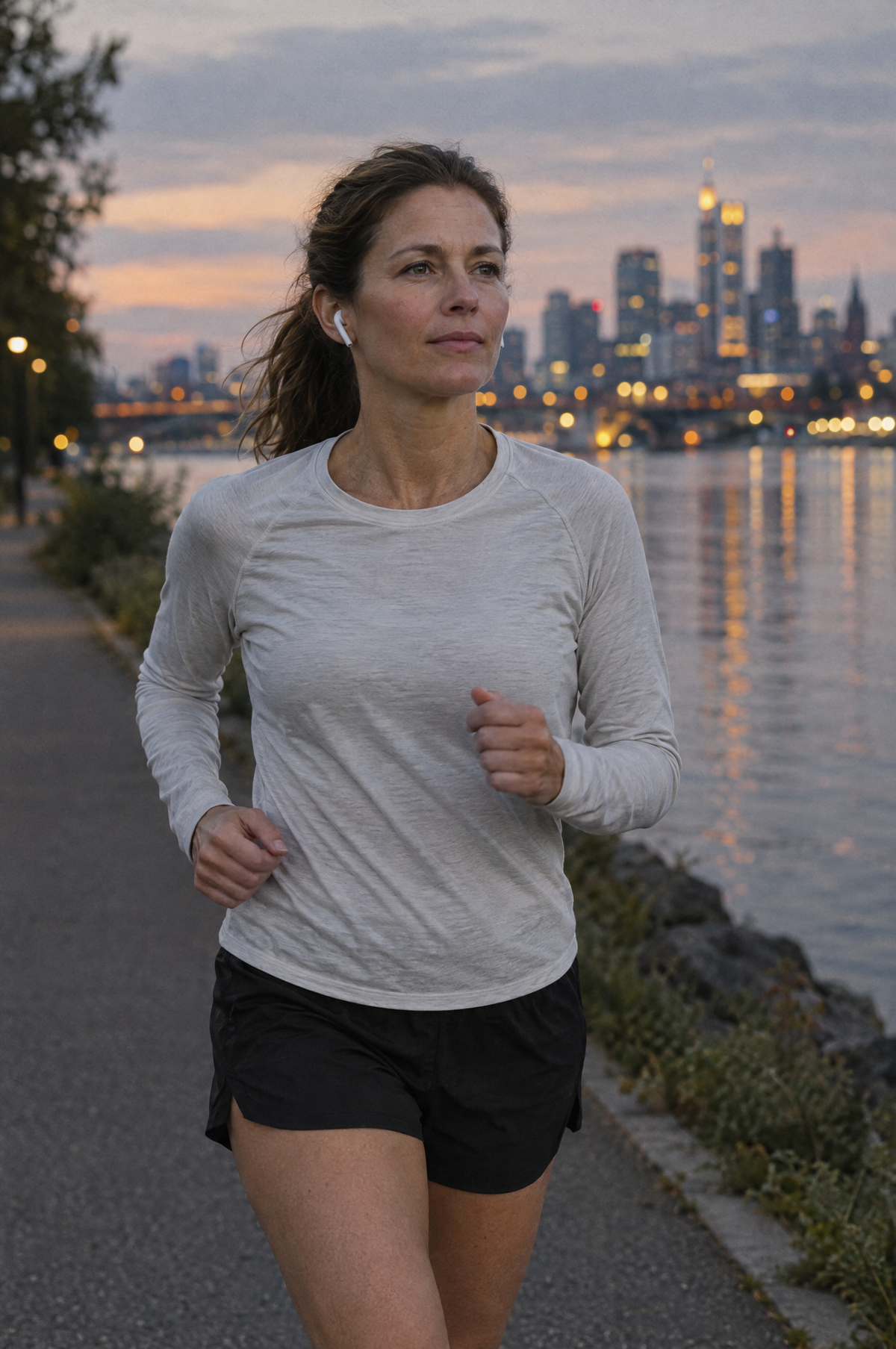Runner at an easy pace along a river path at dusk