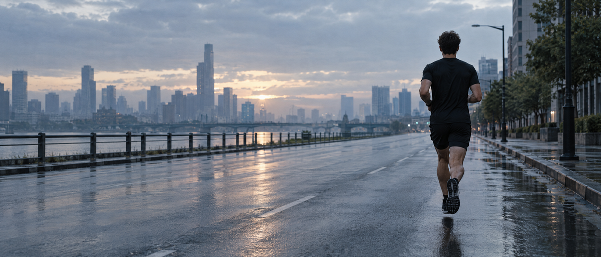 Runner on an empty city street at dawn