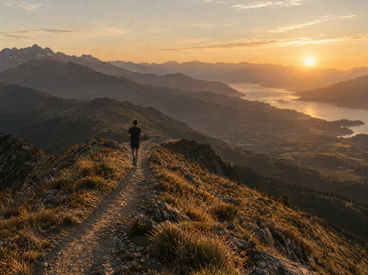 Lone runner on a mountain ridge trail at golden hour
