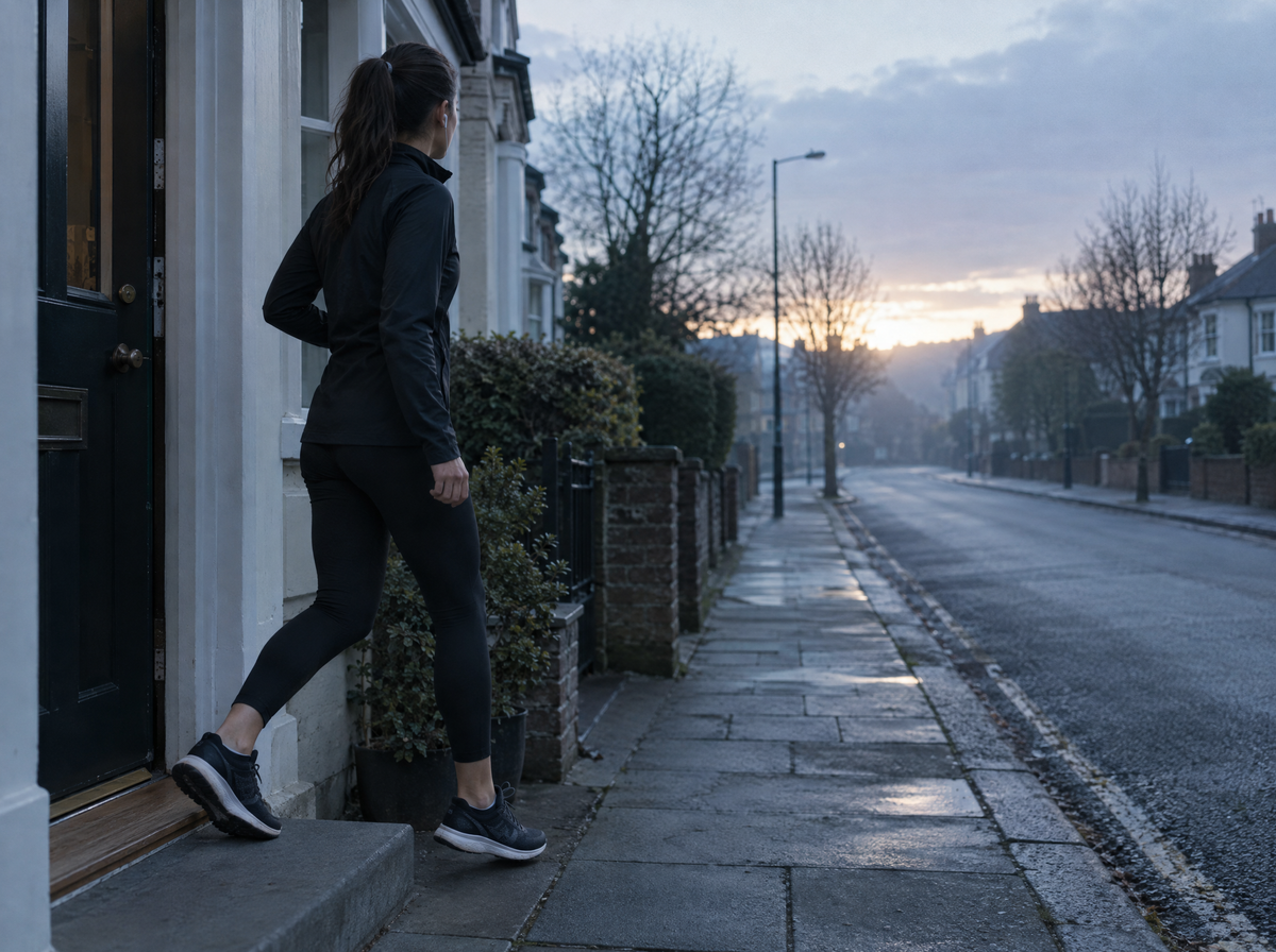 Runner stepping out of her front door onto a quiet street at dawn
