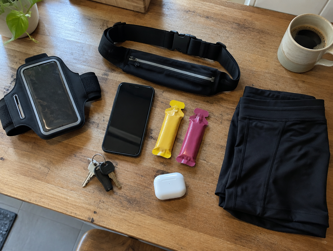 A pile of running gear on a kitchen counter: armband, running belt, phone, keys, gels and compression shorts