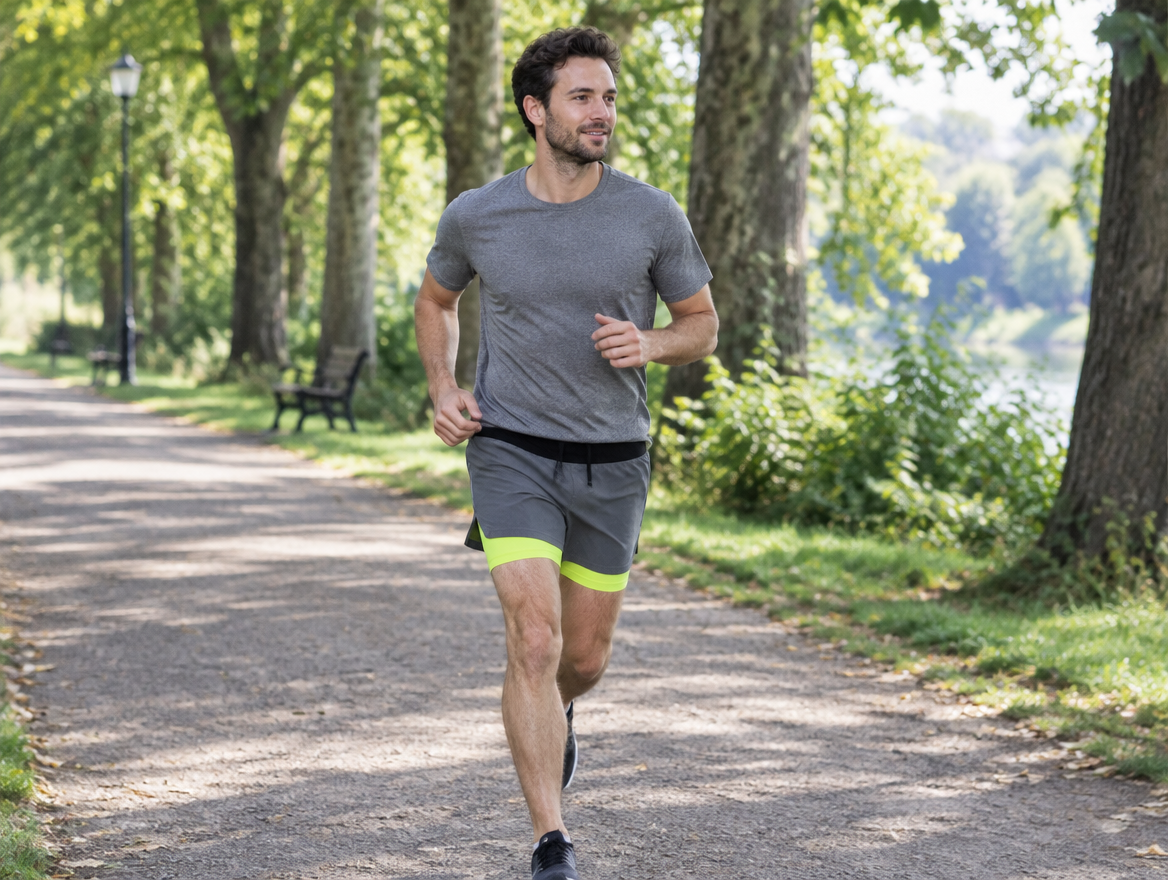 A runner on a park path with both hands free
