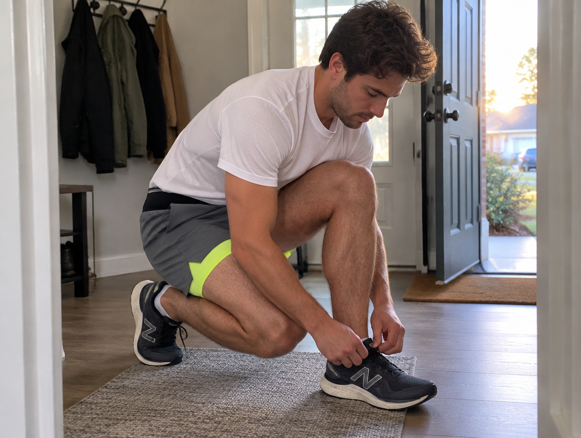 A runner tying his shoes at the front door