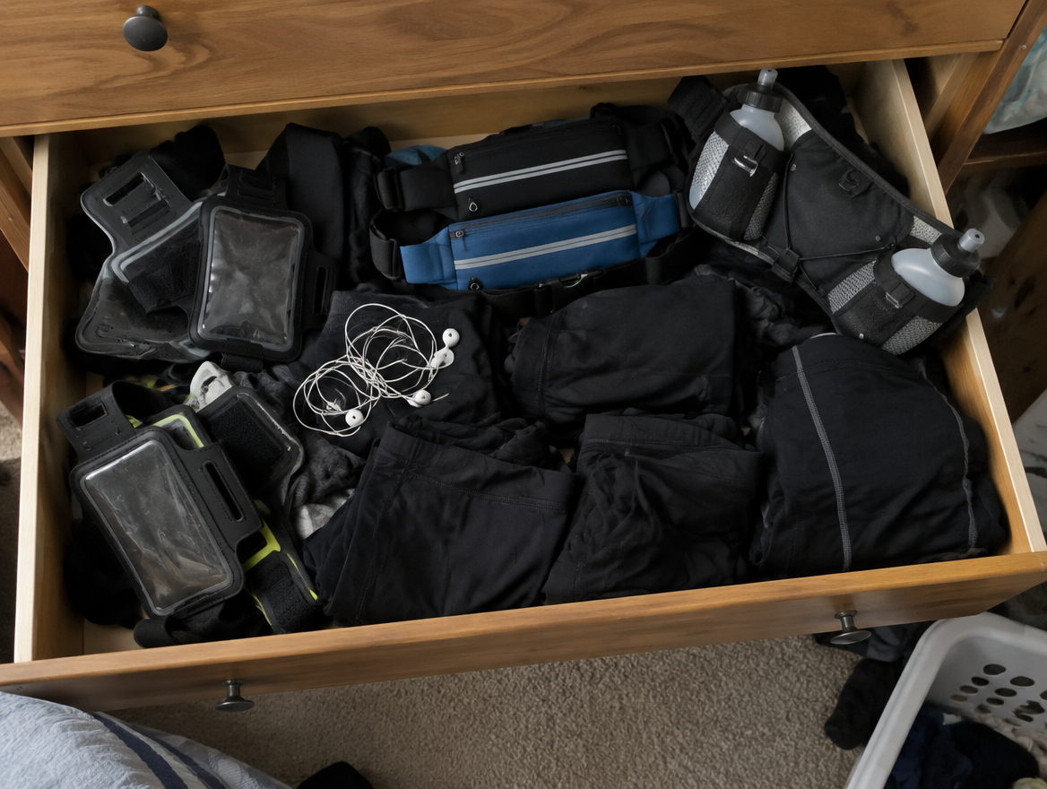 A drawer stuffed with old armbands, running belts and compression shorts